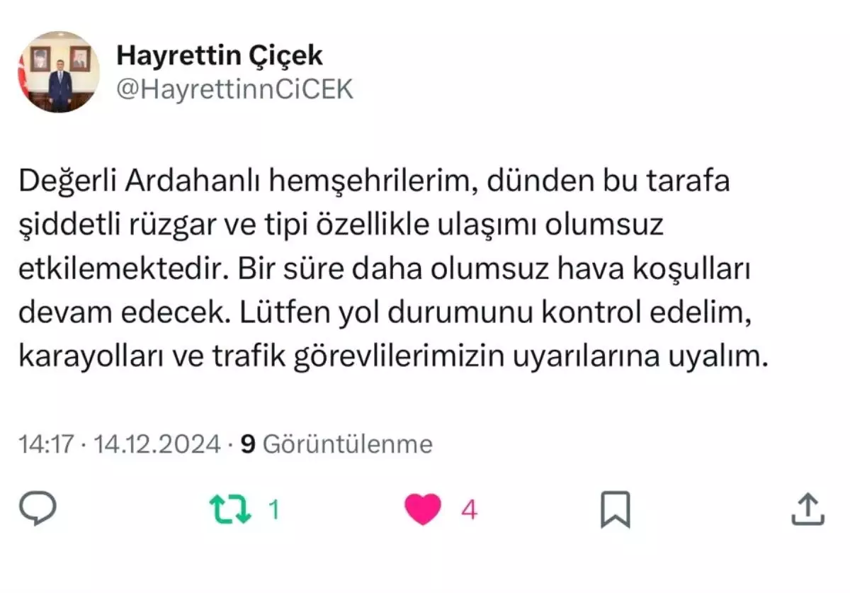 Ardahan’da Kar ve Tipi Uyarısı