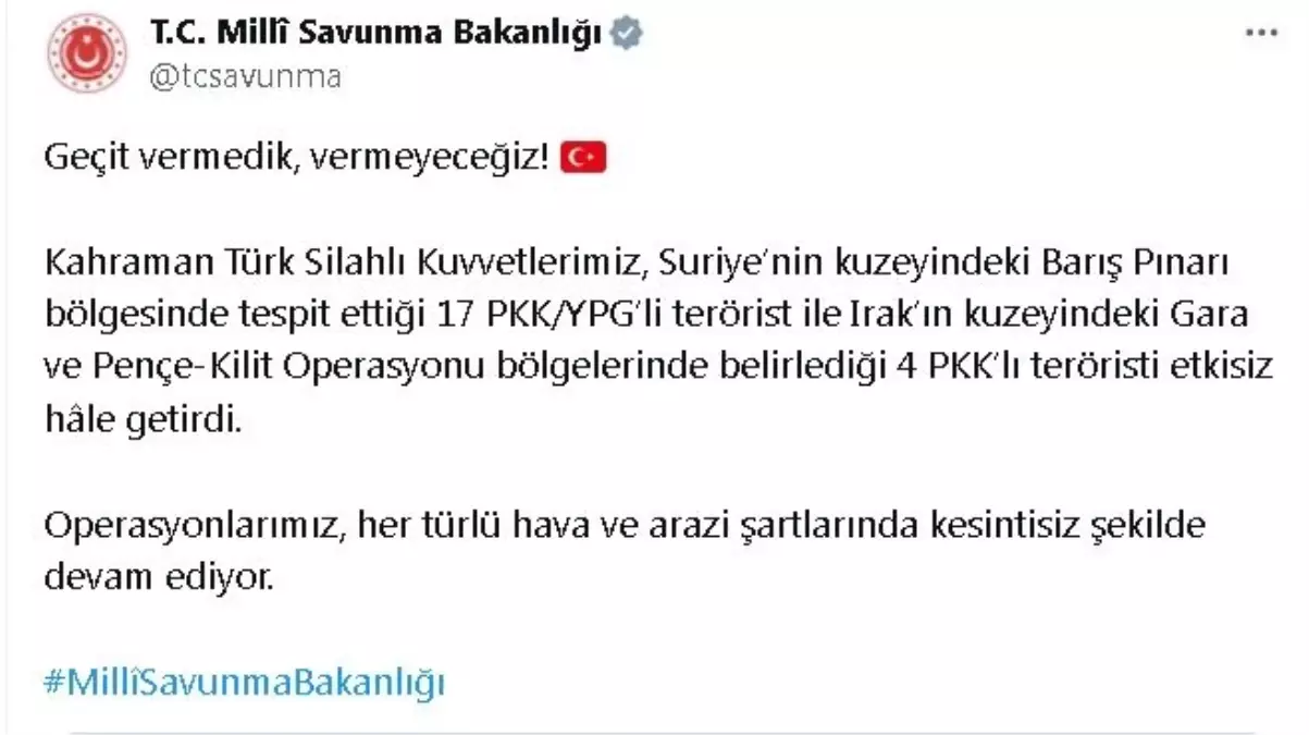 MSB, Suriye ve Irak’ta 21 PKK’lı Teröristi Etkisiz Hale Getirdi